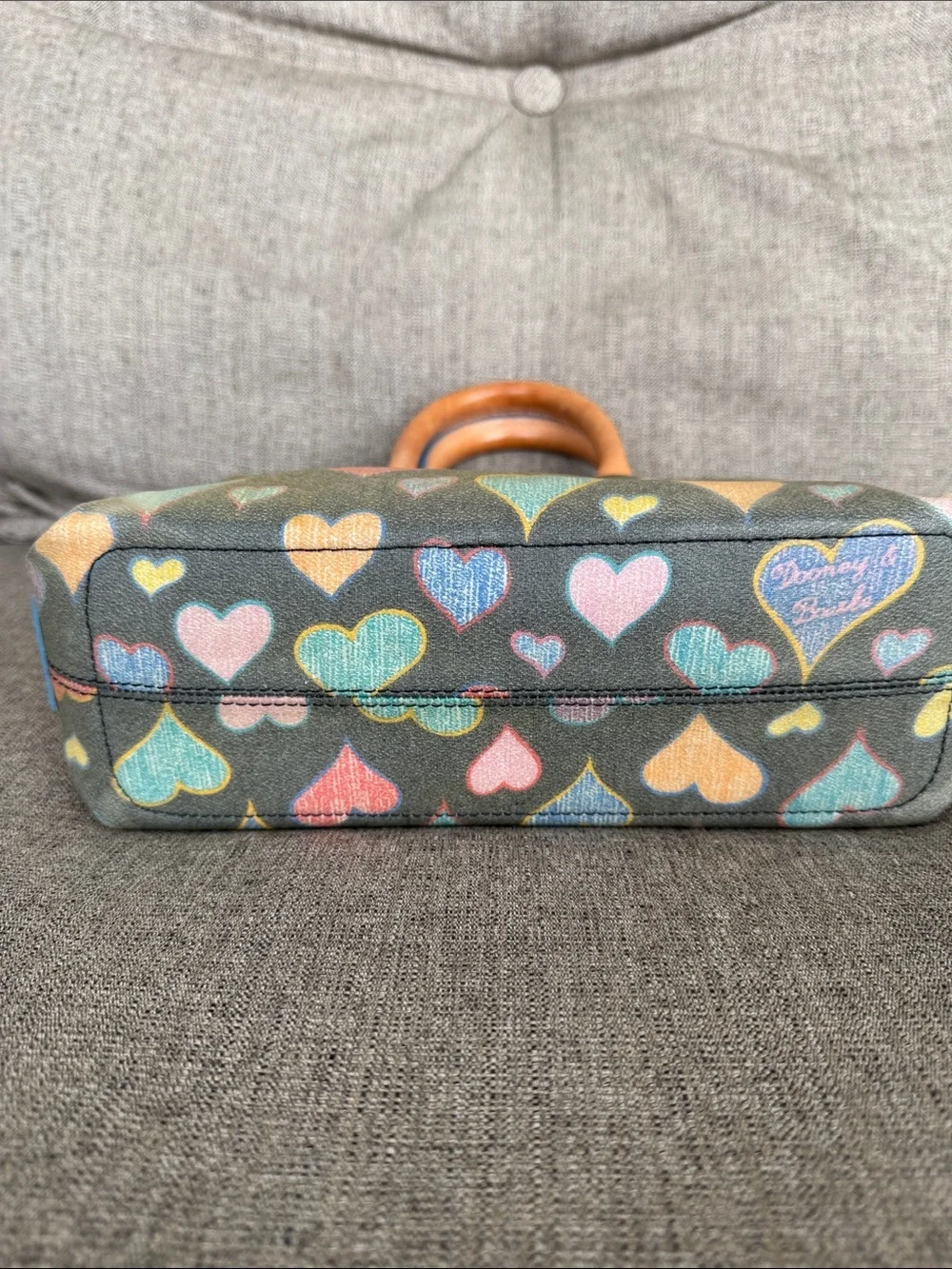 Vintage Dooney & Bourke Multicolor Heart Print Satchel with Tan Leather Handles